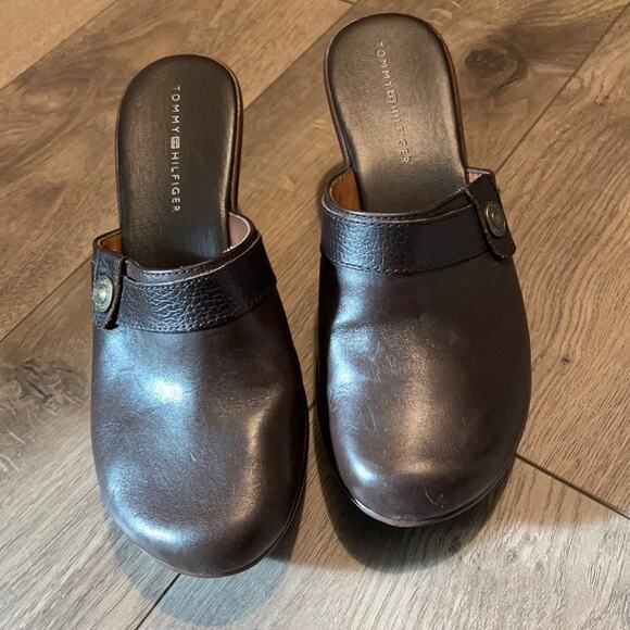 Tommy Hilfiger Brown Leather Clog Mules Size 7 - Picture 2 of 10